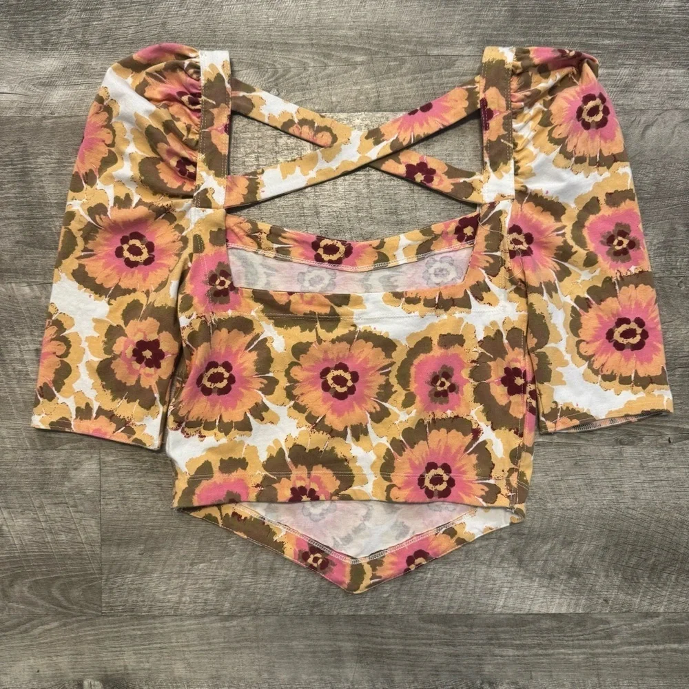 NWT Free People Give Me More Top Ivory Floral Crop Puff Sleeve Square Neck Sz XS